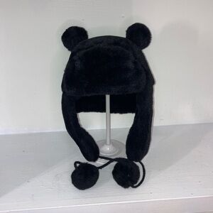 Black Faux Fur Bear Ear Trapper Hat with Pom-Pom Ties